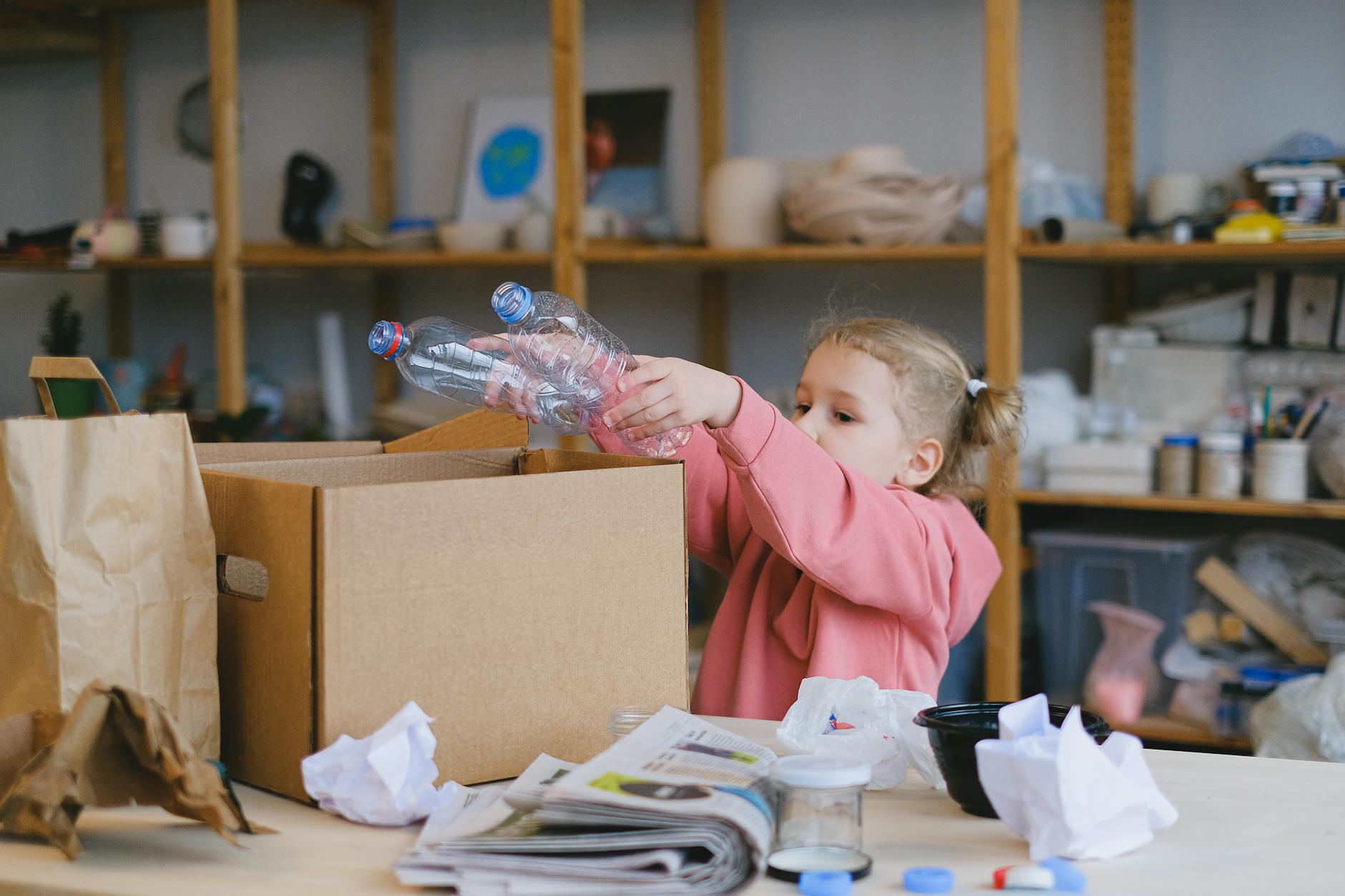 Dziewczynka w klasie wrzuca plastikowe butelki do pojemnika na recykling